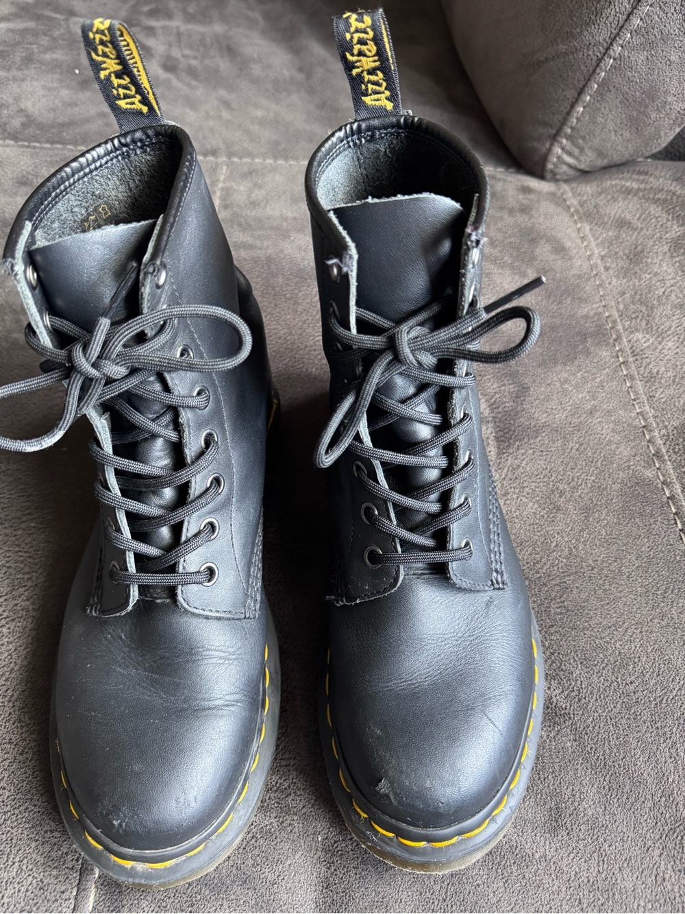 Dr. Martens Black Leather Lace-Up Boots with Yellow Stitching